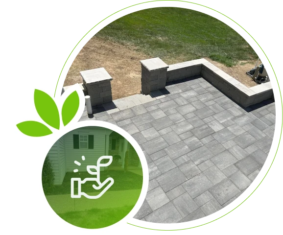 Stone patio with low wall seating in Chesterfield