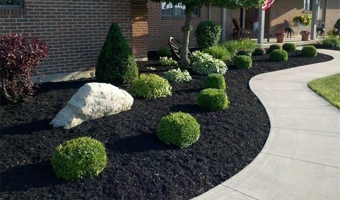 Mulched landscape bed with shrubs, bushes, and decorative stone.